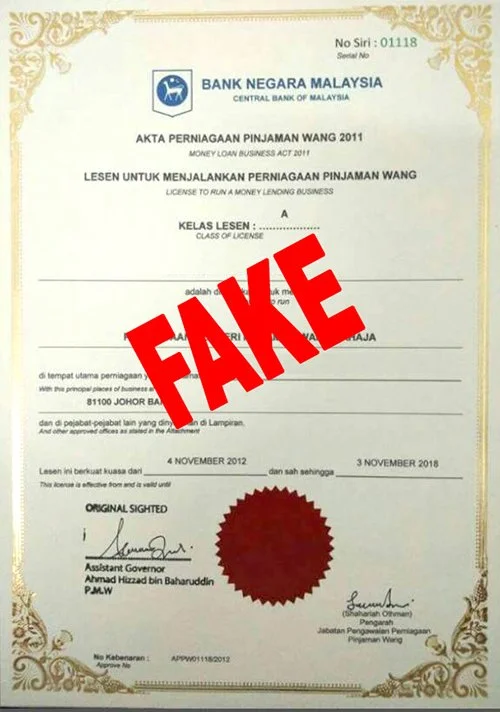 fake license used by licensed moneylender