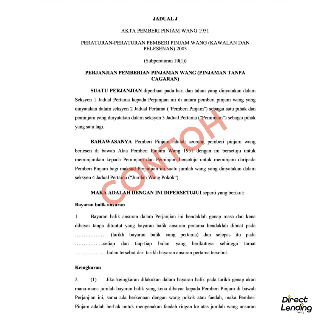 surat perjanjian pinjaman wang jadual j