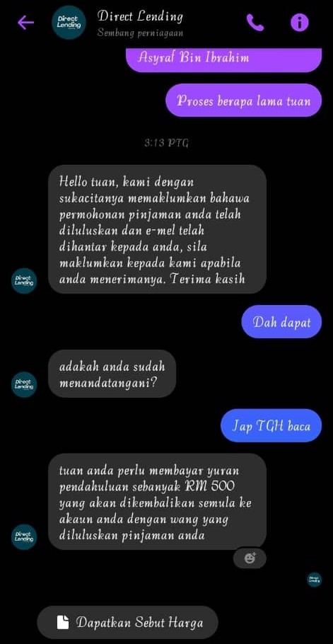 Akaun Palsu Facebook Scammer yang Menyamar sebagai Direct Lending