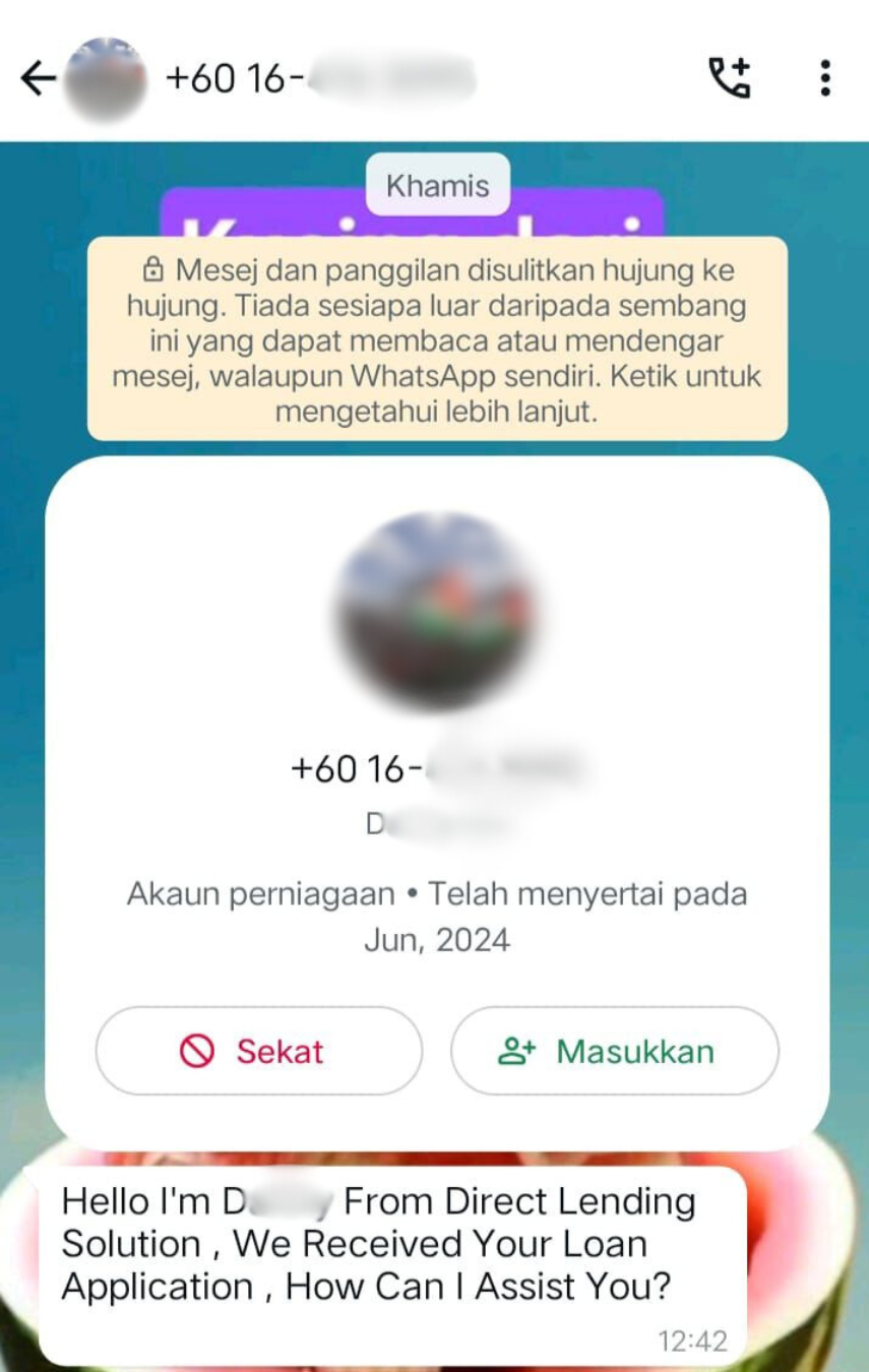 Nomor yang tidak dikenali menyamar sebagai Direct Lending