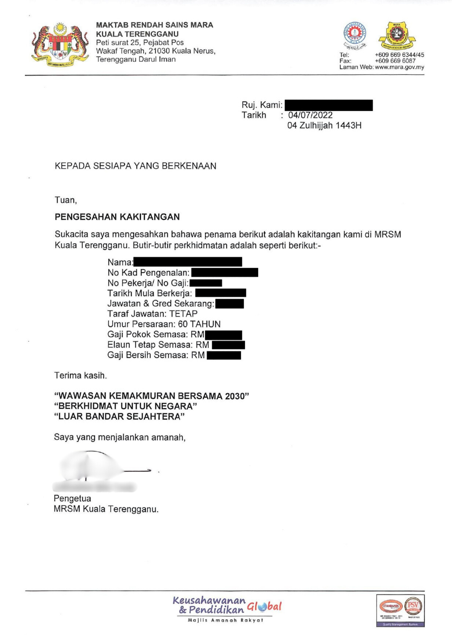 Contoh Surat Pengesahan Jawatan Untuk Guru Kerajaan