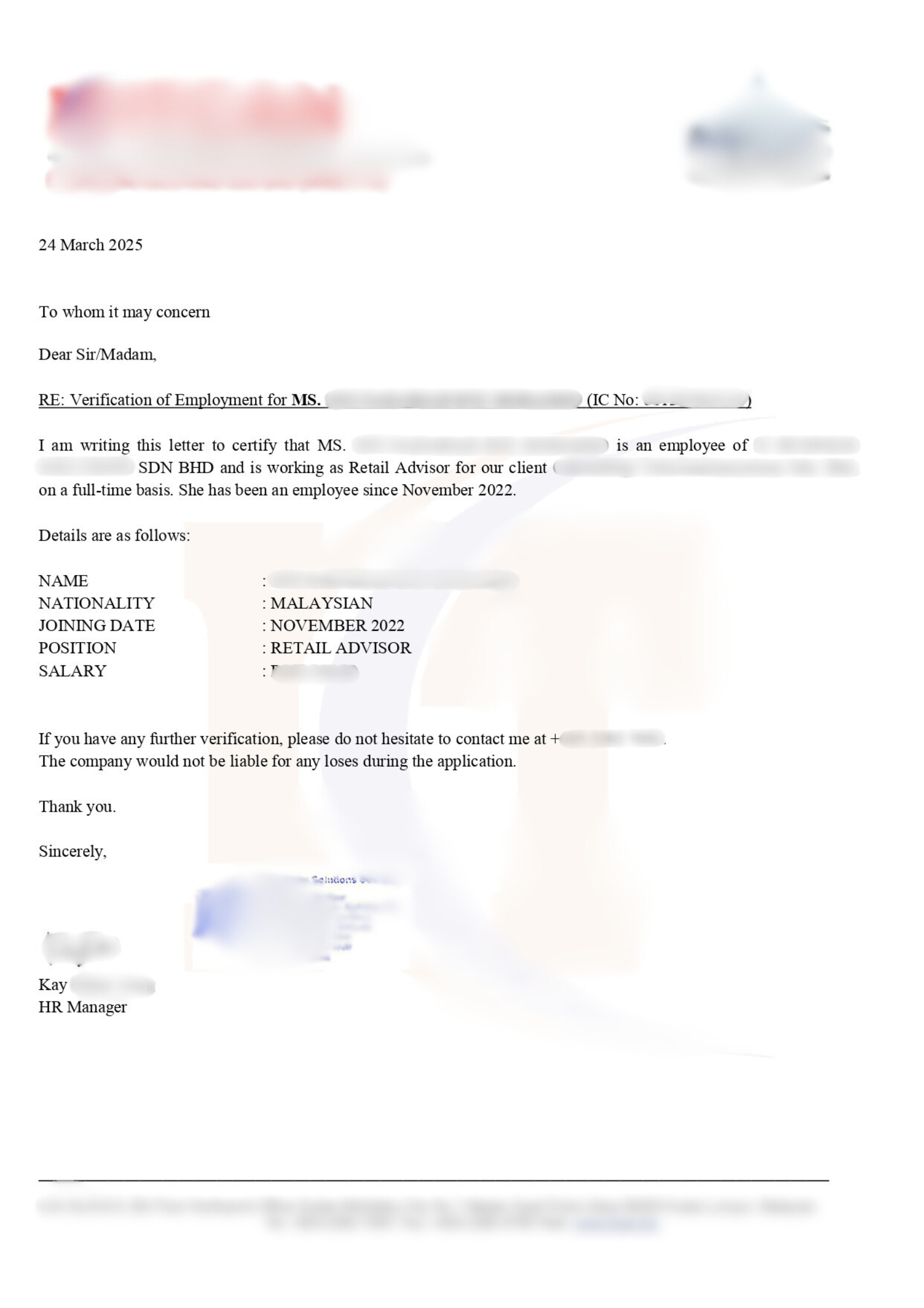 Contoh Surat Pengesahan Majikan Swasta dalam Bahasa Inggeris