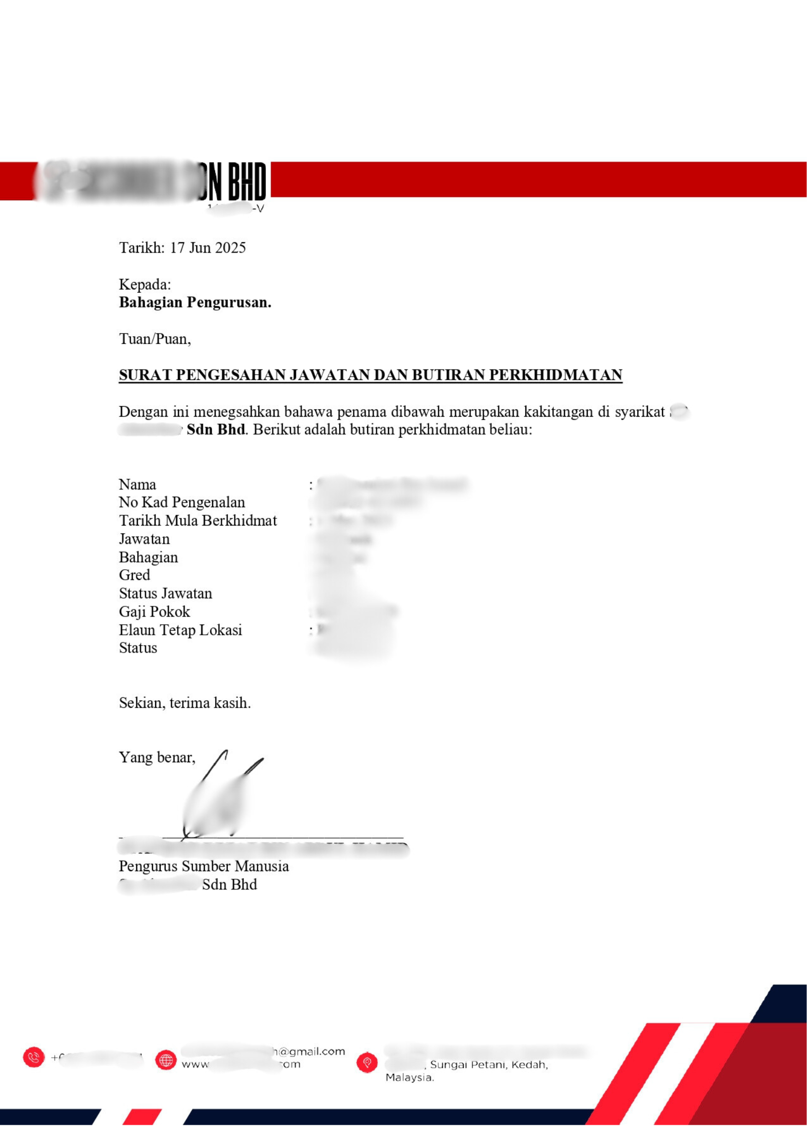 Contoh Surat Pengesahan Majikan Swasta dalam Bahasa Melayu