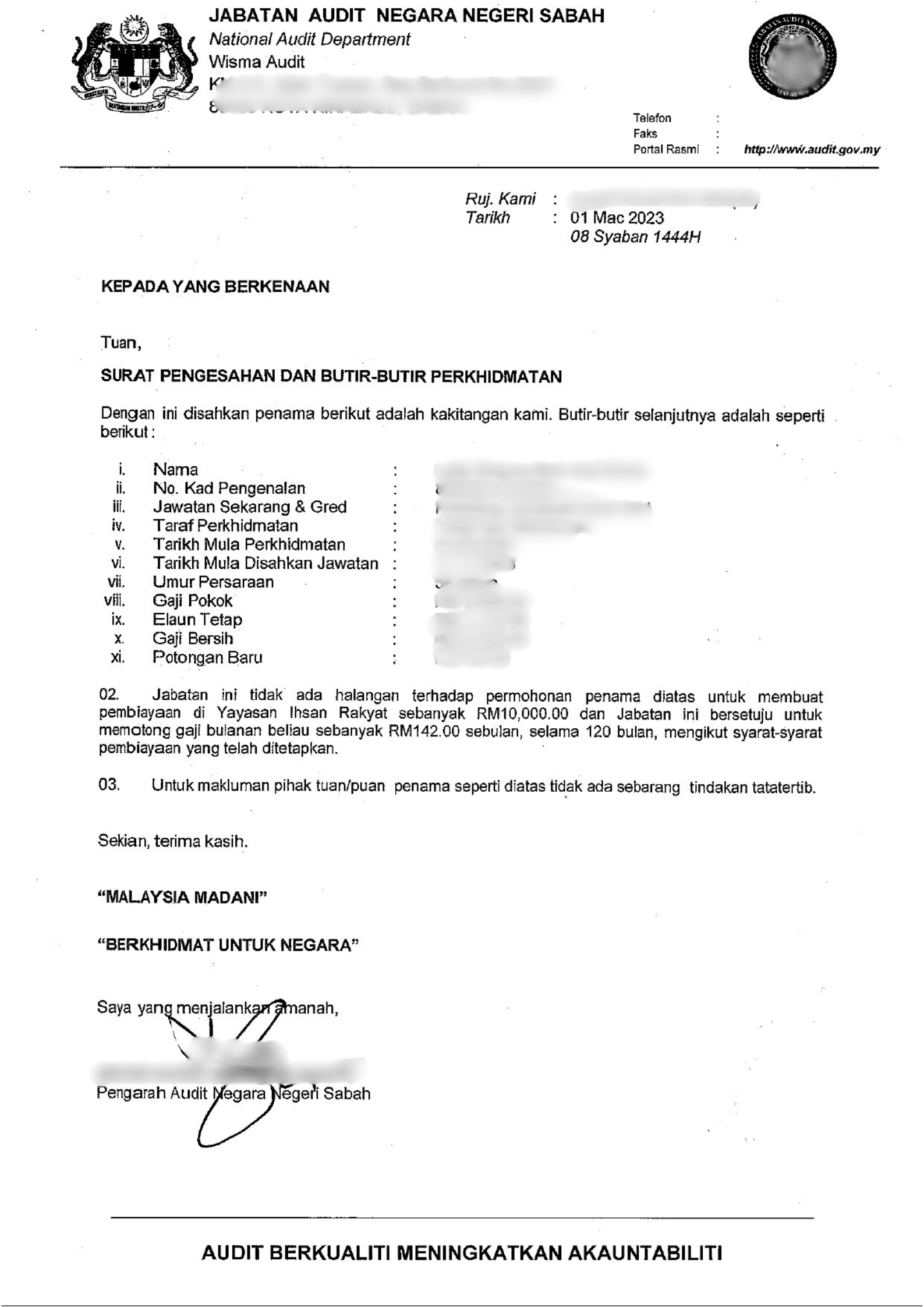 Contoh Surat Pengesahan Majikan untuk Pegawai di Jabatan Kakitangan Kerajaan
