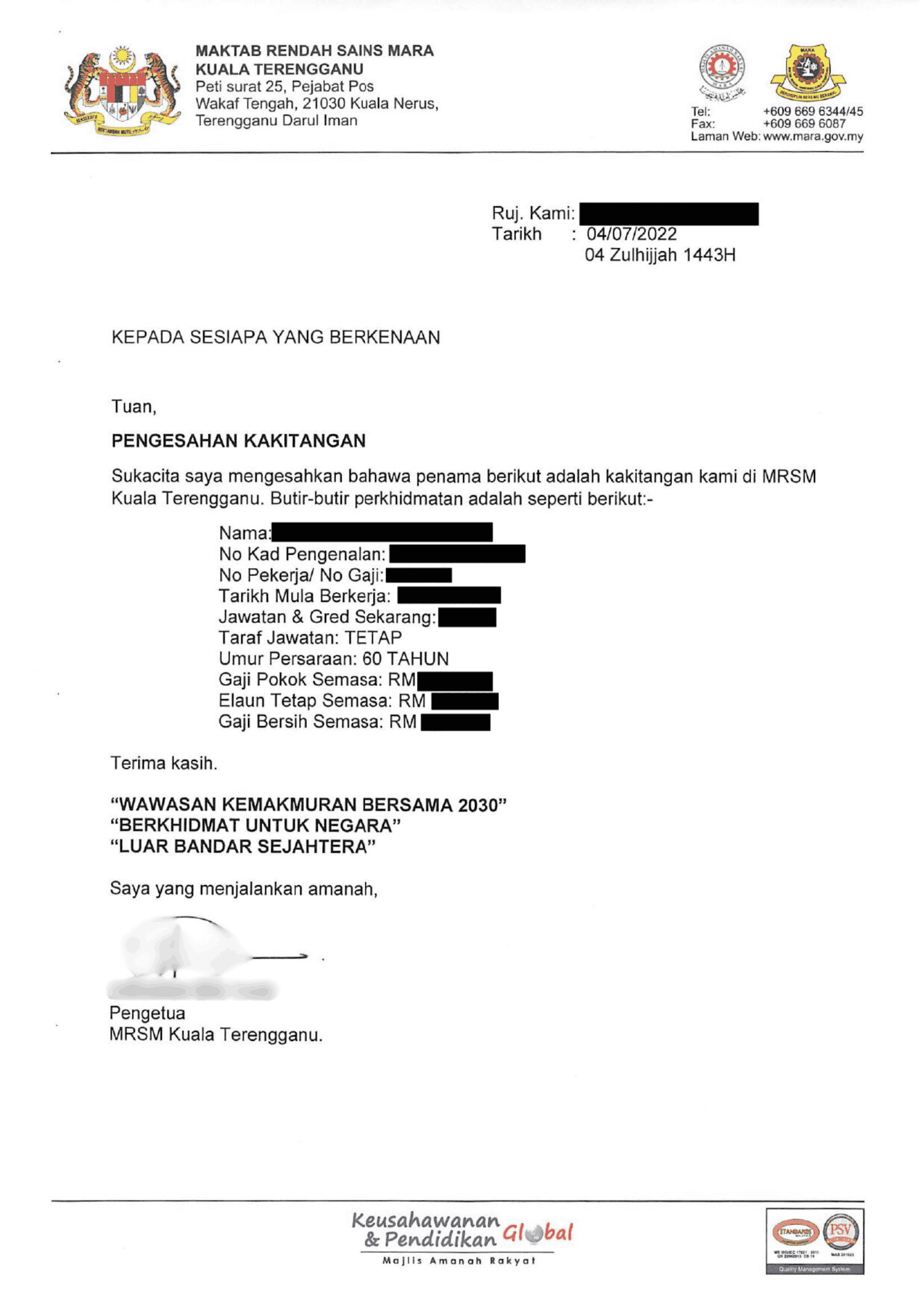 contoh surat pengesahan majikan penjawat awam